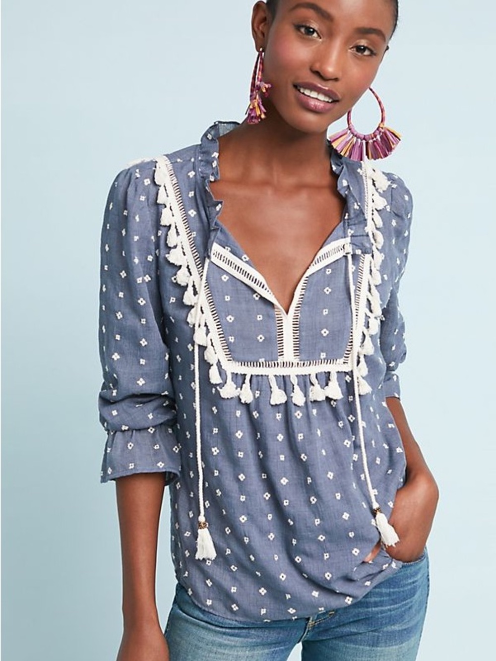 Maeve Blue Eyelet-Style Dot Peasant Top